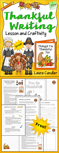 Thankful Writing is a freebie from Laura Candler that's a step-by-step writing lesson and a craftivity all in one.The final project is sent home with students to be shared with their families on Thanksgiving day, and it's sure to be a memorable keepsake!