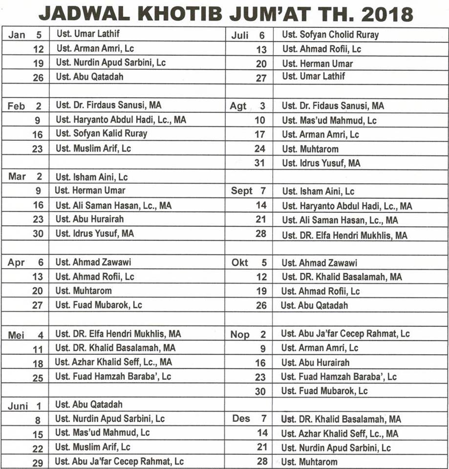 Jadwal Khatib Sholat Jumat Tahun 2018 di Masjid Nurul Iman