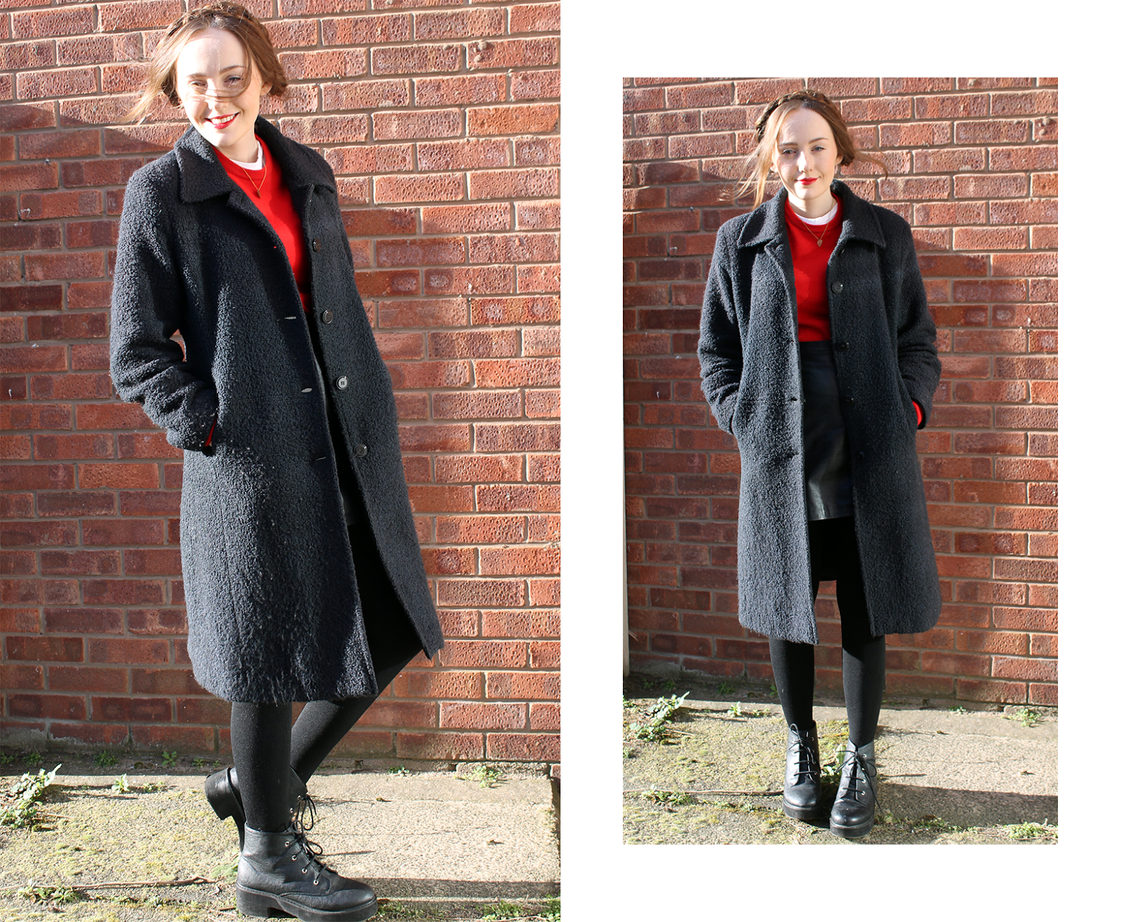 OOTD featuring bold red cashmere jumper and matching red lipstick, long grey boucle coat, leather a line skirt and asos revolution ankle boots