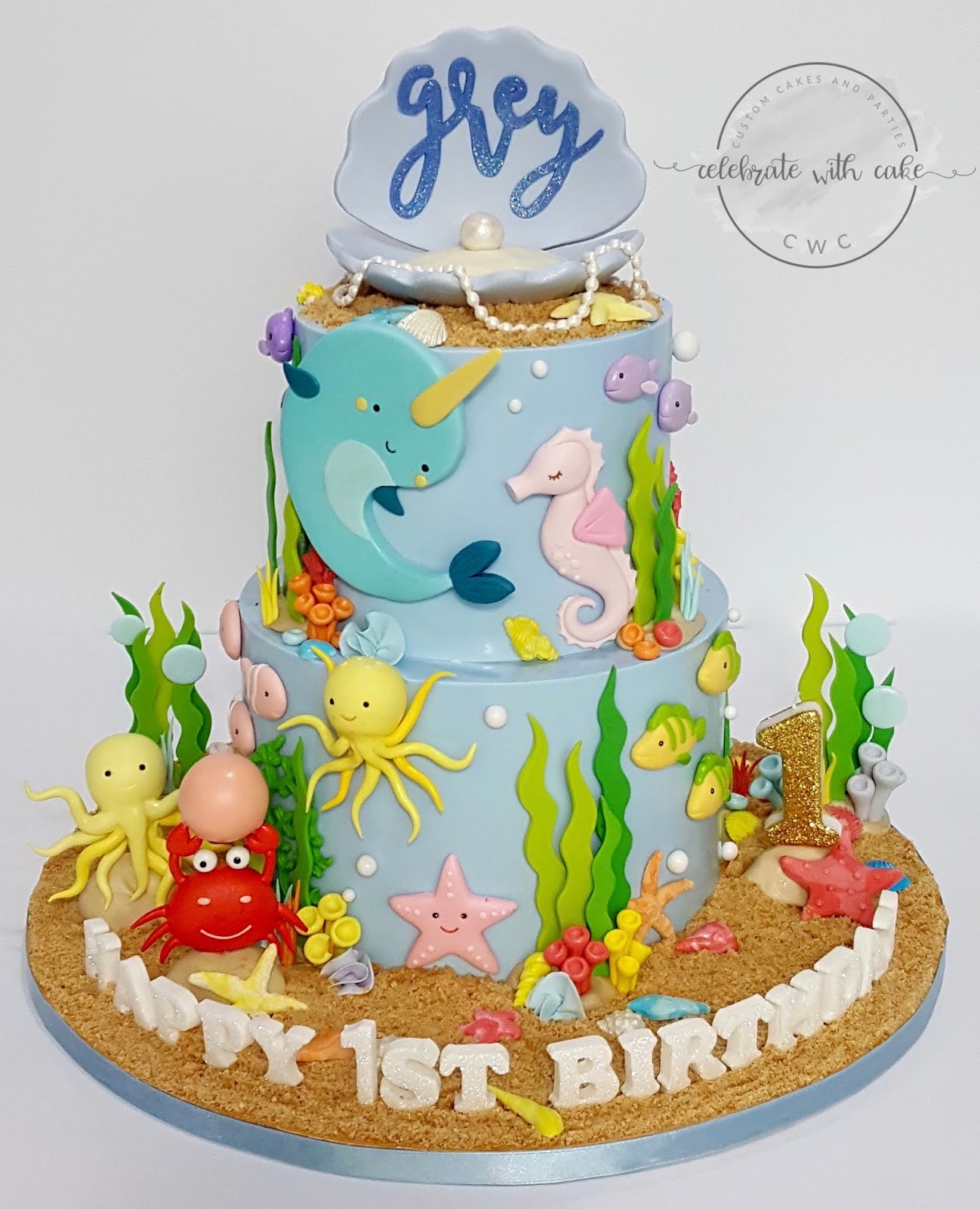 Underwater Sea creatures theme 2 tier cake for 1st  CakesDecor