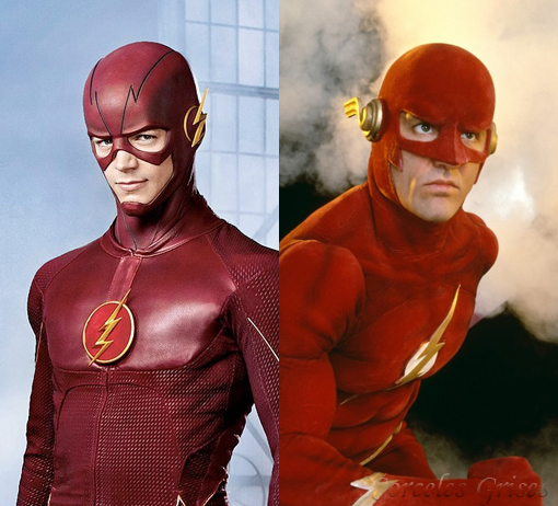 Montaje fotográfico de Grant Gustin y John Wesley Shipp con sus trajes de Flash