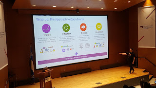 Picture of me on the stage showing the 4 pillars of Microsoft&rsquo;s approach with Open Source: Enable, Integrate, Release and Contribute.