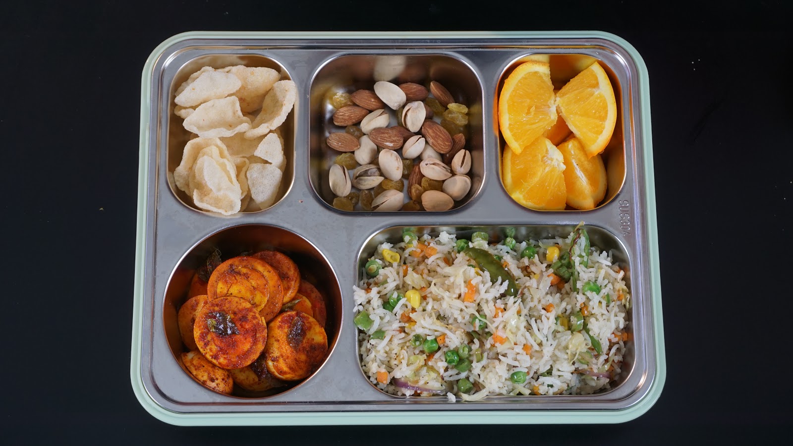 Lunch Box - 3 / Vegetable Rice, Spicy Egg Roast | Steffi's Recipes