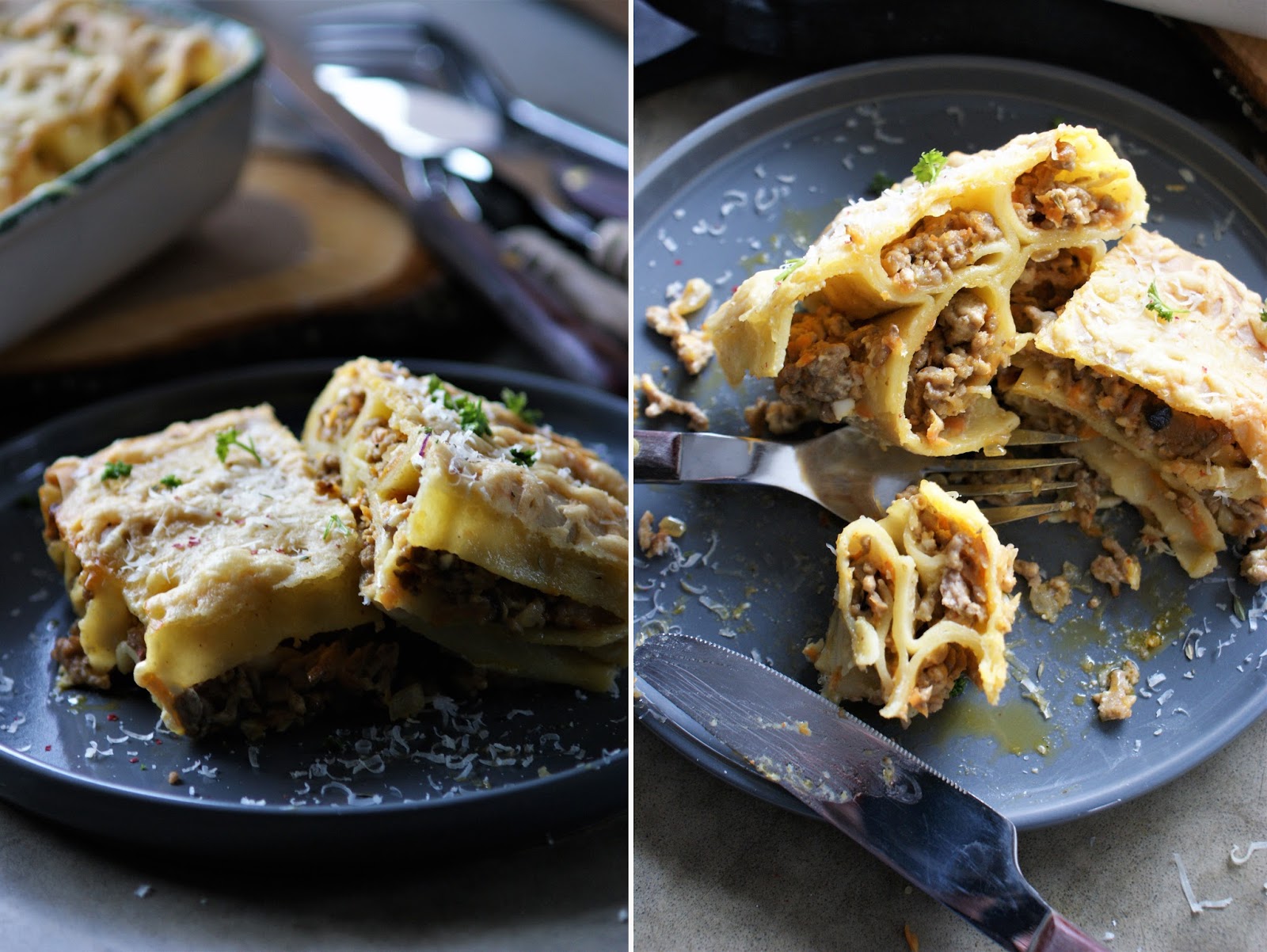 Cannelloni mit würziger Füllung aus Hackfeisch, Feta, Pilzen und ... Cannelloni mit würziger Füllung aus Hackfeisch, Feta, Pilzen und ...