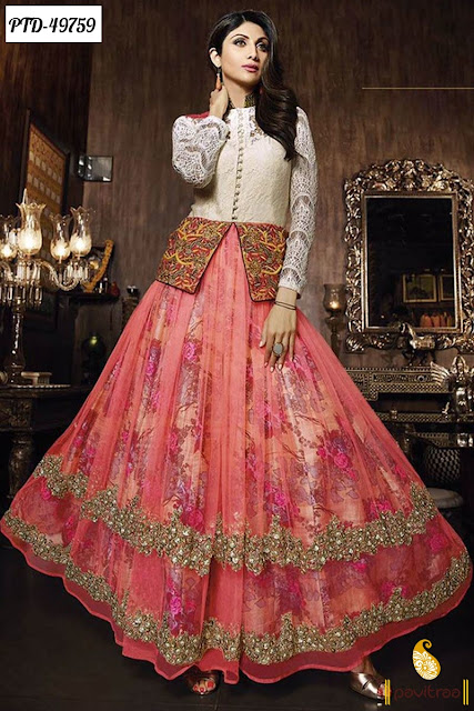 Actress Heroine Shilpa Shetty long full length pink beige color net anarkali salwar kameez online with discount offer price