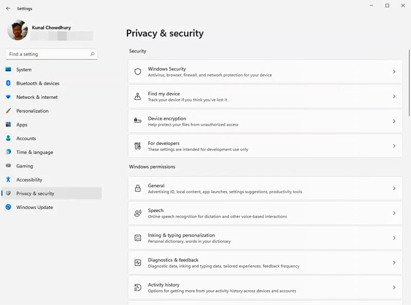 A quick look to Windows 11 Settings app - Privacy & Security