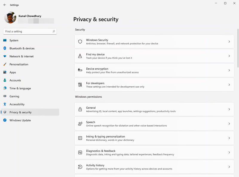 A quick look to Windows 11 Settings app - Privacy & Security A quick look to Windows 11 Settings app - Privacy & Security