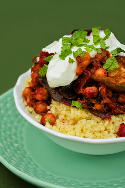 Roasted Vegetable and Chickpea Tagine with Bulgur Wheat