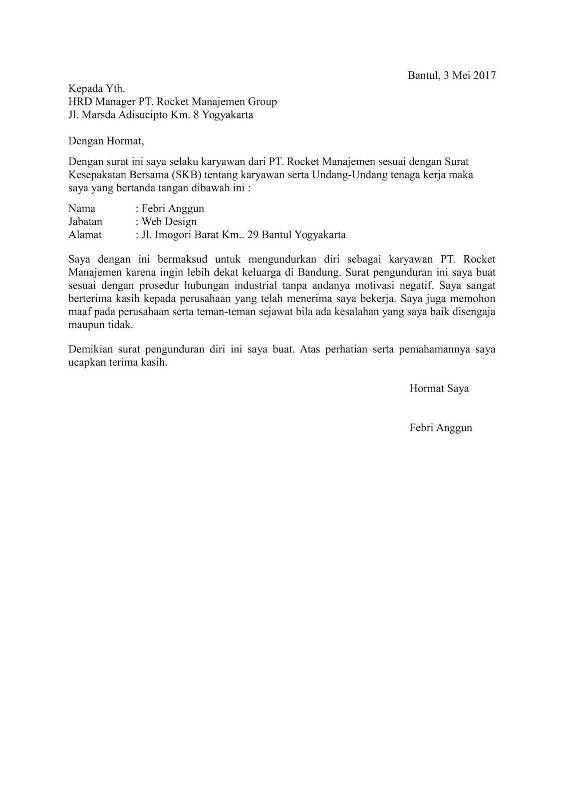 Contoh Surat Pengunduran Diri Kerja Resmi Doc / Contoh