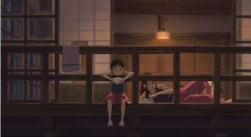 Chihiro on her balcony at night in Spirited Away 2001 animatedfilmreviews.filminspector.com