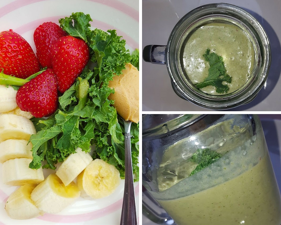 Banana, Kale, Strawberry, Peanut Butter Smoothie..