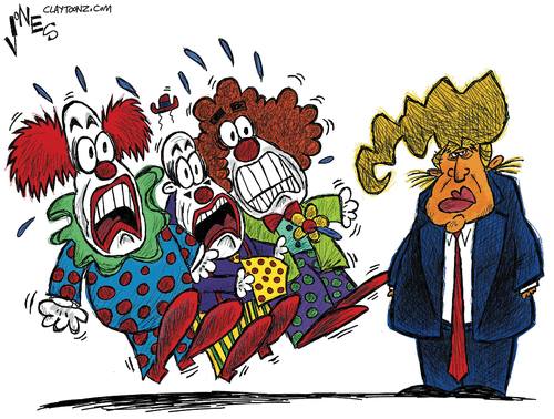 Three clown recoiling at horror at the sight of Donald Trump
