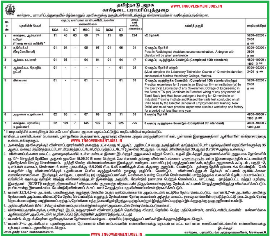 TN Department of Animal Husbandry Tamil Nadu Recruitment 2015 : 1101 Direct  Recruitment Post Employment Notification | TN GOVERNMENT JOBS