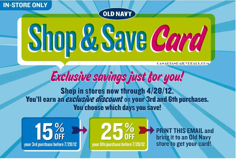 Old Navy: Shop  Save Card 15% Off 3rd Purchase, 25% Off 6th Purchase