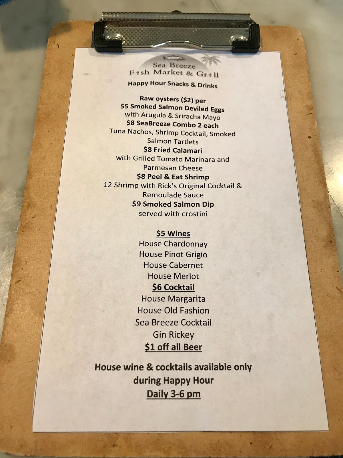 Sea Breeze Happy Hour Menu