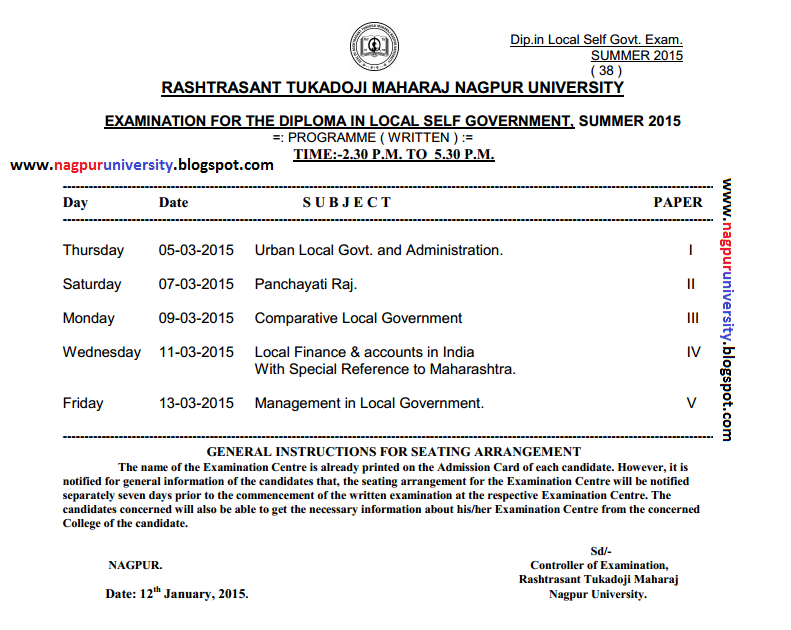Diploma In Local Self Government Time Table Summer 2015