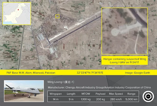 Image Attribute: A satellite image of Pakistan Air Force Base M.M. Alam in Mianwali (dated November 24, 2017), shows what appears to be a medium-altitude long-endurance drone, possibly a Chinese CAIG Wing Loong I. The aircraft is parked outside a hangar near the center of the base. / Source:  TerraServer