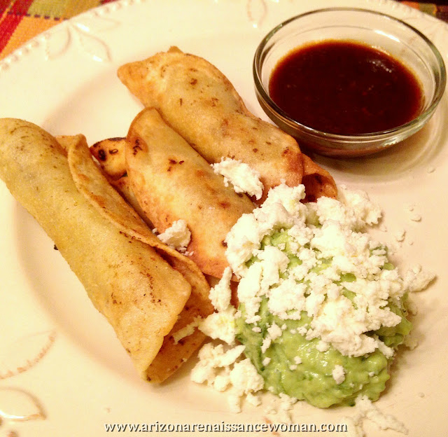 Samosa Style Potato Rolled Tacos with Avocado-Yogurt Sauce, Queso Fresco, and Tamarind-Chile Salsa