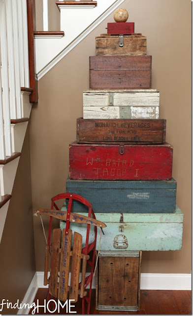 Stacked toolbox and crate Christmas tree, by Finding Home featured on Funky Junk Interiors