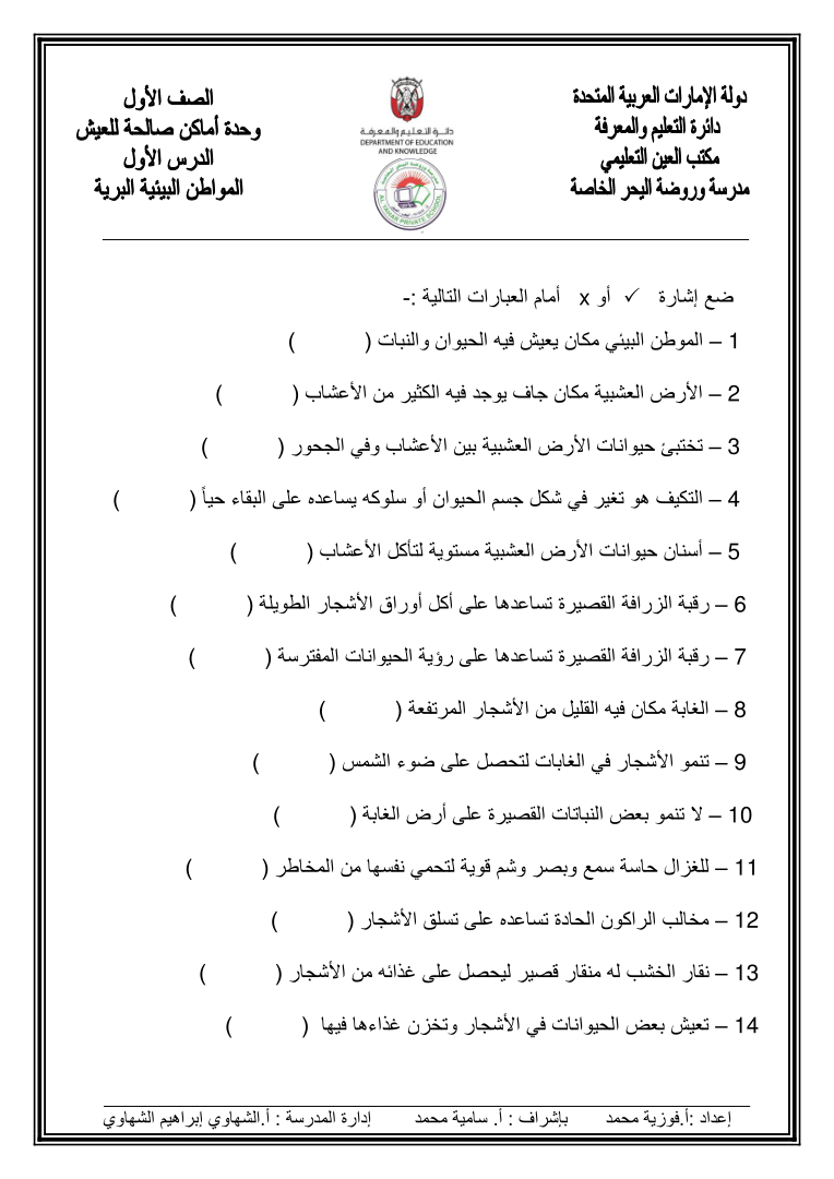 مدونة تعلم أوراق عمل المواطن البيئية البرية علوم الصف الأول الفصل الدراسي الثاني