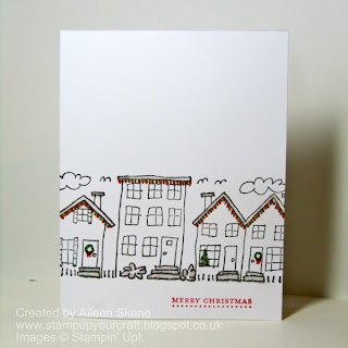 Stampin Up Wheel Neighbourhood houses with drawn Christmas lights and glitter for snow