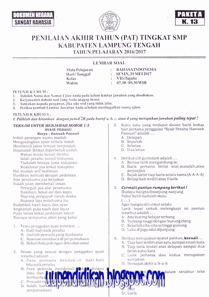 Naskah Soal PAT/ UKK Bahasa Indonesia Kelas 7 SMP/MTs Tahun 2018