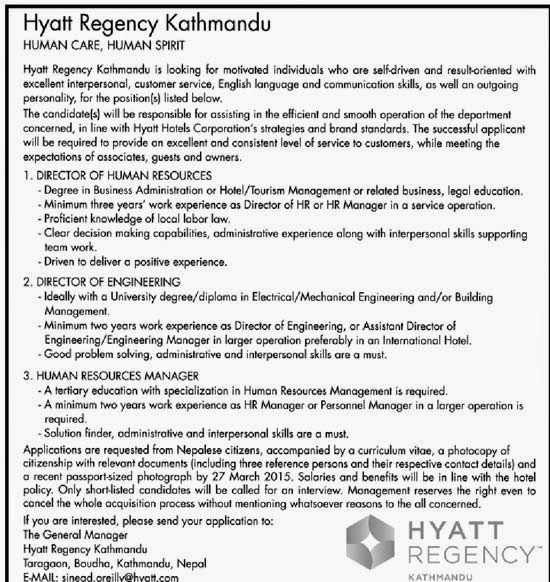 Vacancy from Hyatt Regency Kathmandu