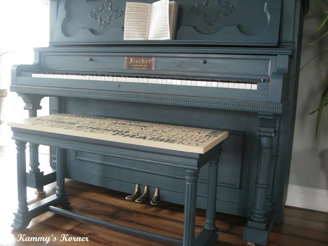 Painted piano with subway styled bench by Kammy's Korner, featured on I Love That Junk