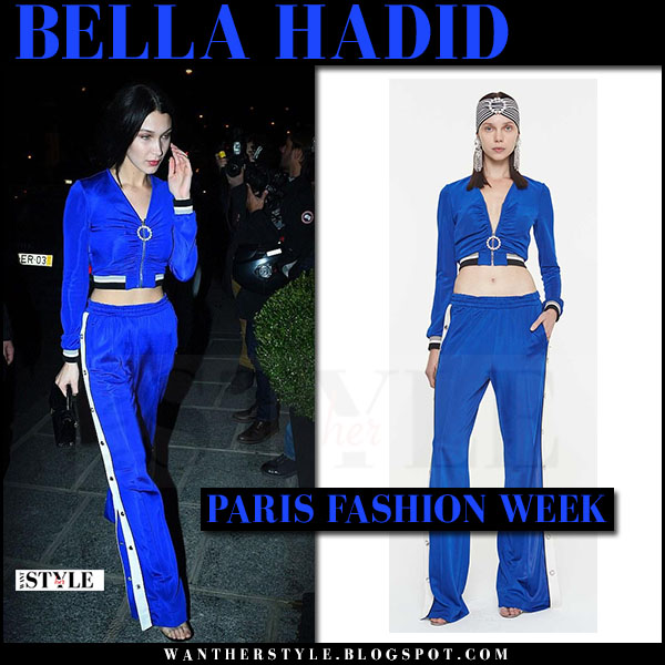 Bella Hadid in blue tracksuit and blue zip up jacket in Paris on march