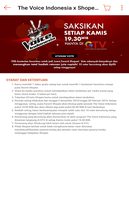 Syarat dan Ketentuan Voting The Voice Indonesia di Shopee. Syarat dan Ketentuan Voting The Voice Indonesia di Shopee.
