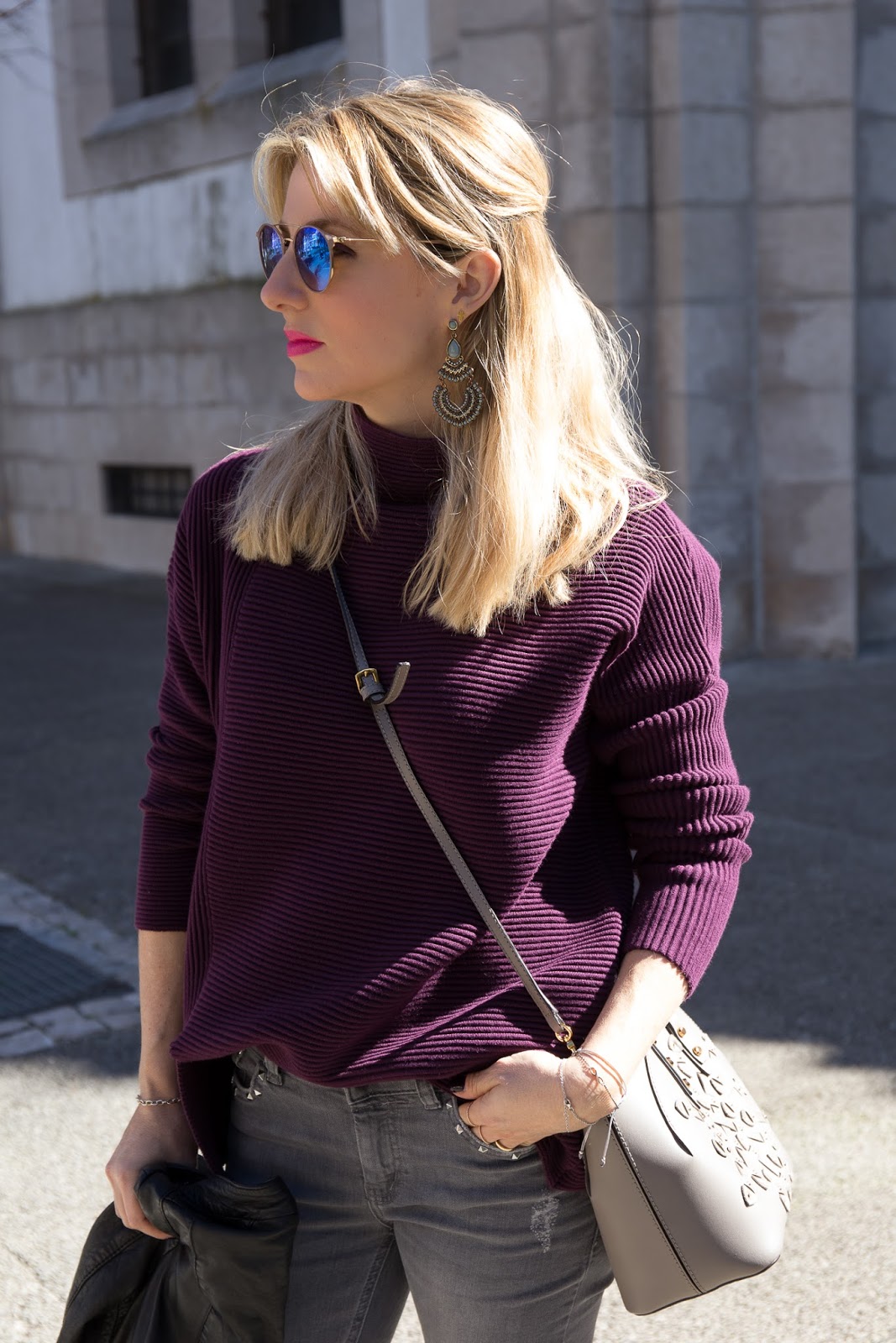 Purple sweater with silver boots