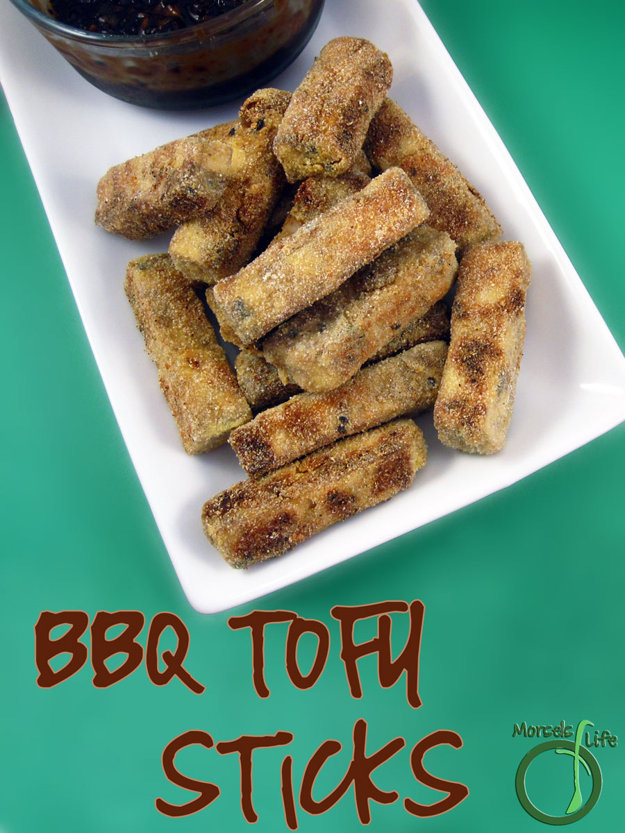 Morsels of Life - BBQ Tofu Sticks - Tofu sticks, marinated in a scrumptious Hoisin BBQ sauce and then breaded with corn meal and pan fried (or baked) to perfection.