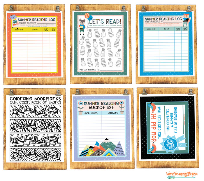 Kids' Summer Reading Printables | Six printable pages of summer reading motivation: book bucket list, reading logs, colorable bookmarks, & completion certificate.