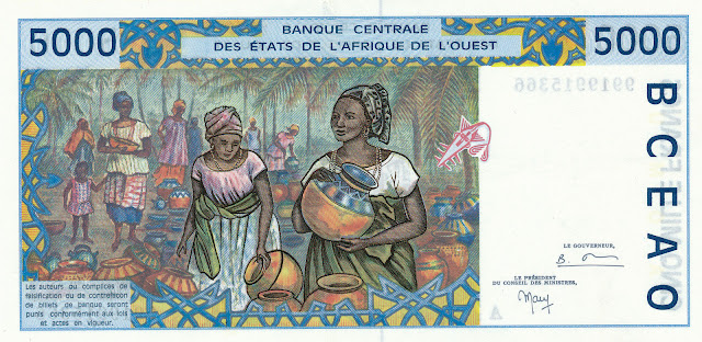 West African States Currency 5000 CFA Francs banknote 1999 Typical african local market scene