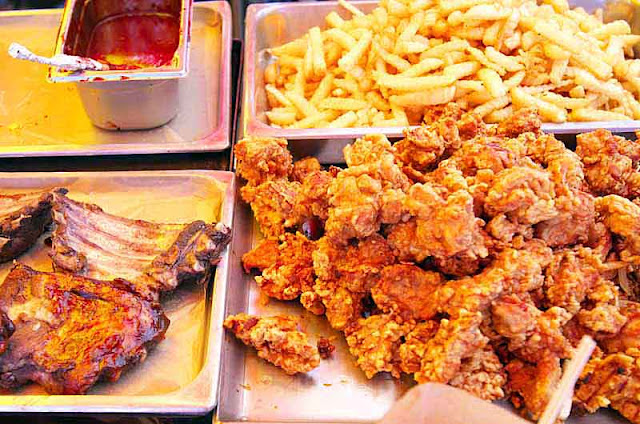 barbecued pork ribs, chicken nuggets, fries