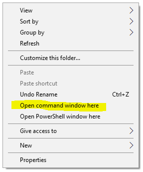 Cara memunculkan Shortcut Open Command Window Here Windows 10