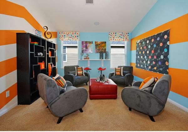 Living Room Design With Color Combination Blue Orange And