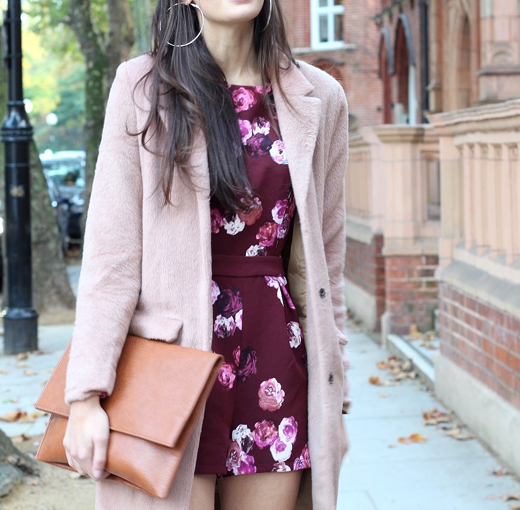 peexo fashion blogger wearing south avenue floral playsuit and pink coat