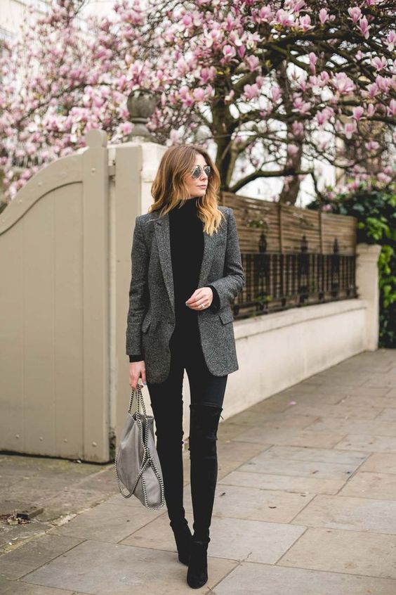 Office Look Turtle Neck Sweater Grey Blazer And Over The Knee Turtle Neck Sweater Grey Blazer