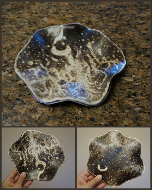 Obvara raku fired pottery / ceramic plate / dish.
