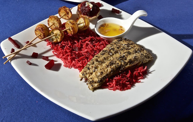 FISH & BEET : Steamed fish on a beet rice bed , served with roast ...