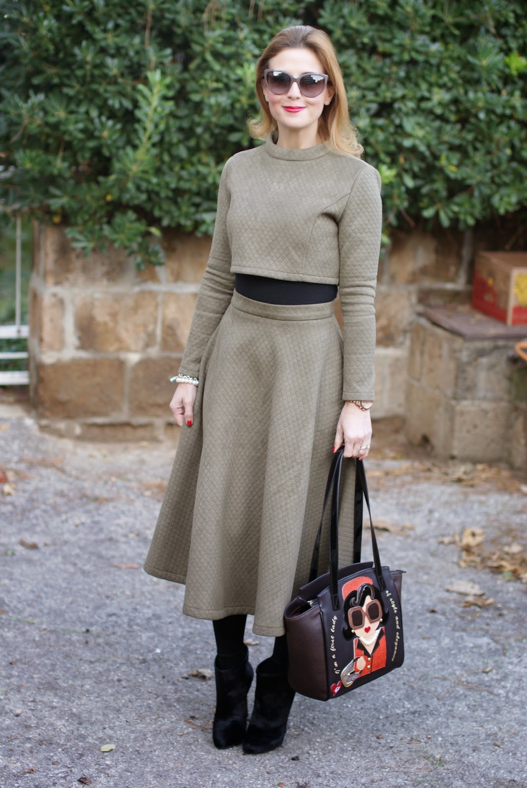 Quilted crop top and midi skirt, Braccialini Jackie Kennedy bag, Le Silla ankle boots, Fashion and Cookies, fashion blogger