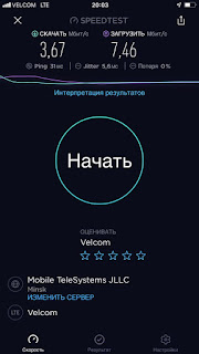 Результат теста скорости LTE у BeCloud у Velcom