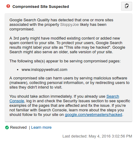 An example of a Google Analytics alert for a compromised site.