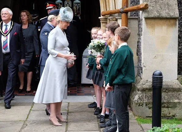 Countess Sophie of Wessex  wore Suzannah coat-dress and Gianvito Rossi suede pumps, carried Sophie Habsburg amber clutch