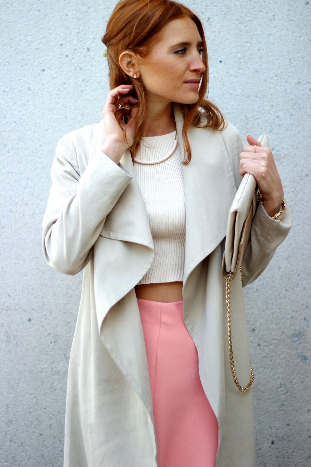 Spring style, easter pastels, vintage accessories Pink skirt and nude crop for spring style.Vintage accessories