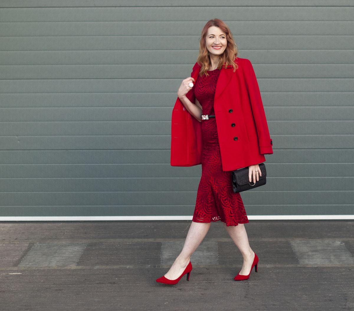Christmas party or New Year's Eve party outfit - red lace midi dress with red pea coat and red heels | Not Dressed As Lamb, over 40 style Christmas party or New Year's Eve party outfit - red lace midi dress with red pea coat and red heels | Not Dressed As Lamb, over 40 style
