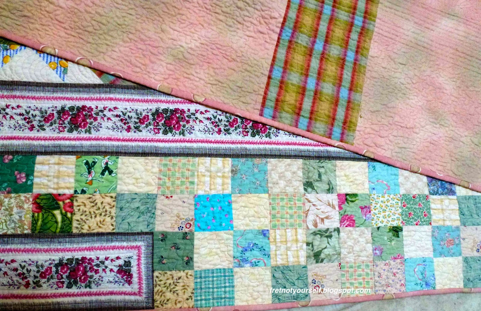Floral stripe used as border Pink, green, black and white floral stripe with green, blue and cream checkerboard