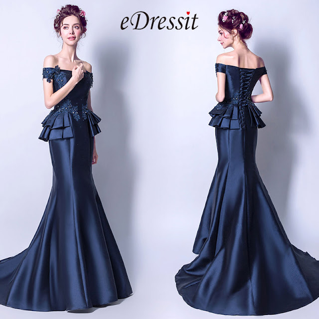 navy blue off shoulder mermaid party gown