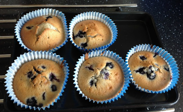 Blueberry muffins in blue paper cases